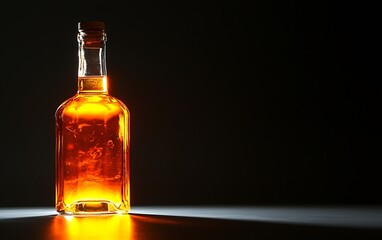 Amber liquid in a glass bottle on dark background