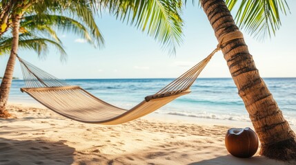Hammock between palm trees on sandy beach with ocean view during sunny day