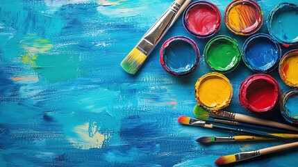 Obraz premium Several paintbrushes with colorful paint on them, placed on a surface covered with blue and other colored paints, vibrant colors, high - contrast, realistic