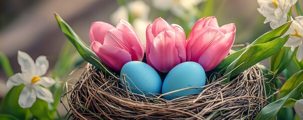 Easter egg nest creatively combining four pink tulips with blue eggs for a festive display.