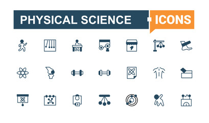 Physical Science icon pack. Containing laboratory, experiment, formula, scientist, science and more. Physics line icon set. Thin outline icons pack. Vector line and solid icons. Pixel perfect.