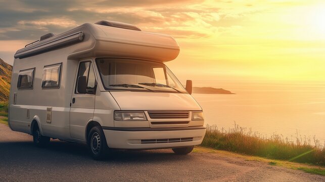 Sunset over the ocean with a camper van parked along a scenic coastal road in a calm environment near the beach