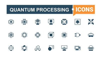 Quantum Processing icon pack. Featuring physics, computer, intelligence, science, engineering, chips, tech and more. Quantum Computing icon. Vector line and solid icons. Pixel perfect.
