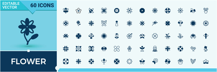 Flower icon set. Contains outline symbols like eco, flora, nature, plant, blossom and more. Minimalist icons collection. Bloom icon collection. Pixel perfect. Solid line editable stroke.