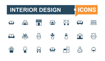Interior Design icon collection. Home Decor simple icon set. Indoor icons for application. Minimalist icons collection. Vector line and solid icons.