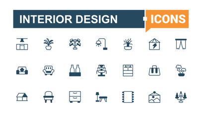 Interior Design icon collection. Home Decor simple icon set. Indoor icons for application. Minimalist icons collection. Vector line and solid icons.