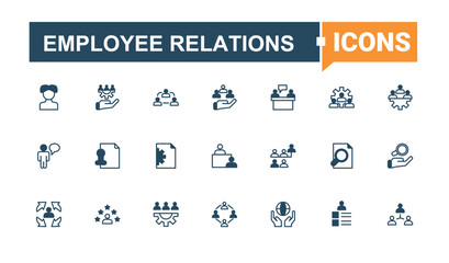 Employee Relations vector icon set. Containing employment, recruitment, hr, resource, team, man and more. Human Resources line icon set. Set of line pictogram. Solid line editable stroke.