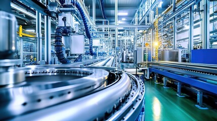 Obraz premium A modern industrial production line scene with metal equipment and conveyor tracks, some areas with motion blur effect, high - tech style, bright lighting
