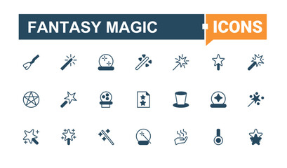 Fantasy Magic icon set. Contain linear symbols miracle, trick, wand, fantasy, magic, magician, entertainment and more. Magic And Wizard icon. Isolated icons. Editable vector outline and solid icons.