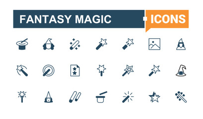 Fantasy Magic icon set. Contain linear symbols miracle, trick, wand, fantasy, magic, magician, entertainment and more. Magic And Wizard icon. Isolated icons. Editable vector outline and solid icons.