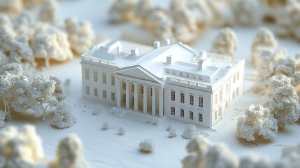 A miniature, white model of the White House sits surrounded by fluffy, white trees. 