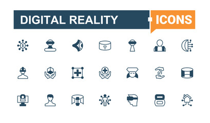 Digital Reality linear icon. Contains related to future, ar, intelligence, tech, cyberspace, virtual and more. Meta Verse icon collection. Trendy minimal icons. Solid line editable stroke.