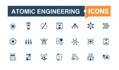 Atomic Engineering icon pack. Related to chemistry, science, innovation, bio, molecule, ai and more. Nanotechnology icon set. Perfect for logos and infographic. Solid line editable stroke.