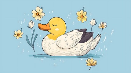 Sleepy Duckling in Spring Flowers.