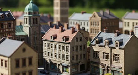 Miniature city, European style architecture.  European Day of Cities. Urban scale model for town planning or real estate concept. Architectural presentation.