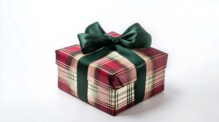 Obraz premium A beautifully wrapped gift box with a plaid design and a green ribbon, ideal for celebrations.