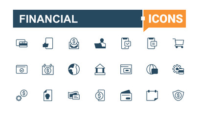 Set of Financial line icon. Contain linear sign currency, dollar, finance, account, coin, pay and more. Payment modern icon set. Minimal icons set. Vector line and solid icons. Pixel perfect.