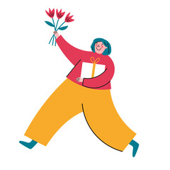 Joyful Woman with Flowers and Gift
