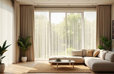Fototapeta premium Illustration large window with automated blinds curtains, providing privacy. Room interior design, home decor features modern technology control, smart home shading. Generative AI used.