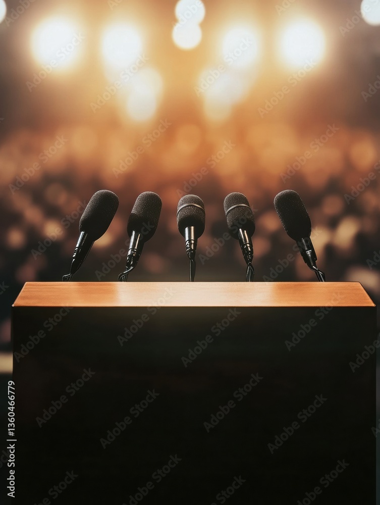 Poster Powerful podium ready for political discourse with microphones positioned for speakers in front of an engaged audience Generative AI