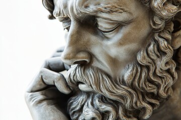 A sculpture of an elderly man with a comical sad face is depicted in isolation on a white background