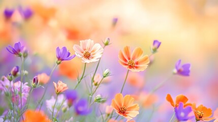 Fototapeta premium A cluster of flowers with orange and purple tulips and purple hyacinths, with soft light spots in the background, natural and vibrant, macro shot