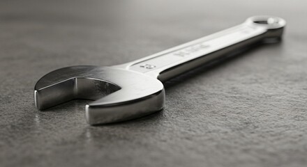 Shiny steel wrench lying on textured surface showcasing mechanical tool for fixing and fastening, ideal for machinery repair and home improvement projects