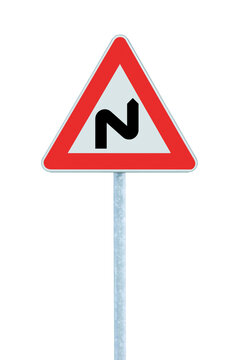 Double bend ahead first to the right road sign, large detailed isolated vertical white triangular dangerous bends warning closeup, red frame grey metallic pole post, political opportunism bent concept