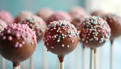 Delicious cake pops with chocolate frosting. Colorful sprinkles, candies, decorations on sticks. Sweet treats for birthdays parties. Bakery dessert food. Candy shop sweet ball.