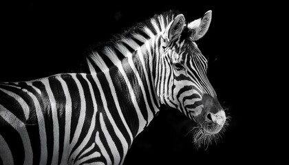 Fototapeta premium Striking black-and-white close-up of a zebra's face, capturing every detail of its unique stripes and expressive features with captivating clarity and elegance.