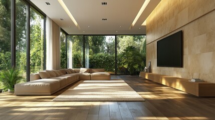 Modern, spacious living room with large windows showcasing a lush garden.  Natural light floods