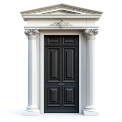 Obraz premium A light gray door with classical decorations, including columns and top carvings, against a pure white background, high - detail 3D render