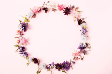 Floral frame, wreath made of colorful aquilegia flowers on pastel pink background. Ideal for wedding invitations, packaging design, cosmetic branding, beauty ads, greeting cards, and spring marketing
