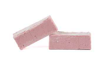 Two sweet cranberry marshmallow bars isolated on white background.