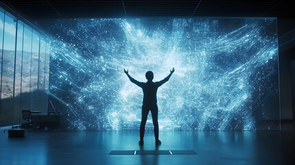 with a thoughtful expression, standing in front of a large digital display with futuristic business concepts and innovative charts 