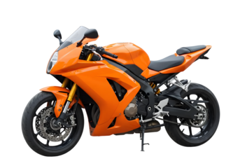 Orange motorcycle with sleek design and modern features parked on a neutral background, showcasing its powerful stance and dynamic lines for automotive enthusiasts