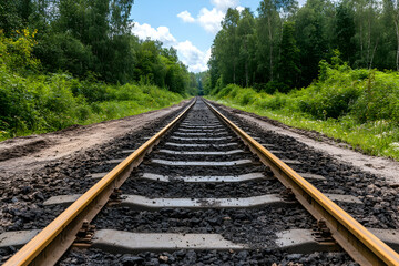 Fototapeta premium Forest Railroad Tracks Vanishing Point Summer (1)