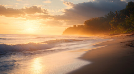 The quiet, peaceful atmosphere of a secluded beach at sunrise, with soft waves and a calm breeze, creates a serene setting for reflection and connection with nature