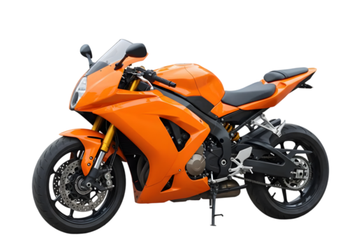 Orange motorcycle with sleek design and modern features parked on a neutral background, showcasing its powerful stance and dynamic lines for automotive enthusiasts