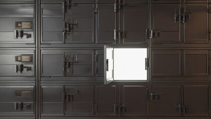 The metal wall features many closed doors with one open to light