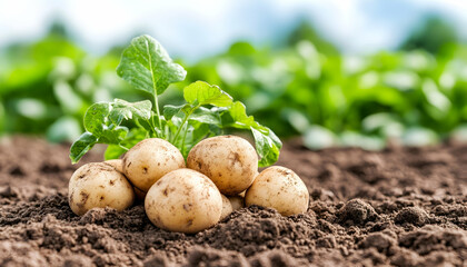 Fresh potatoes harvested in a field