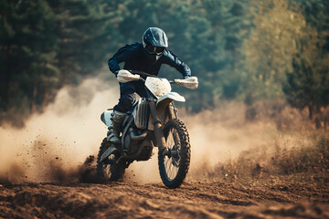 A rider on a dirt bike in a forest kicking up dust