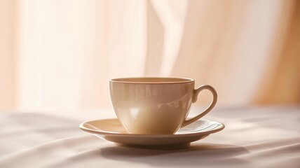 Obraz premium Elegant Coffee Cup on Saucer with Warm Sunlight and Soft Curtains