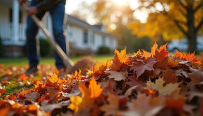 Man rakes autumn leaves in yard. Seasonal work, cleaning fall lawn. Pile of red orange maple leaves with house background. Gardening work, seasonal cleanup, autumn activity.