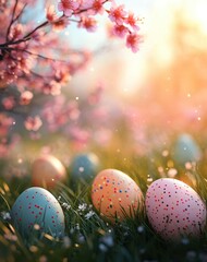 Colorful Easter Eggs in Spring Meadow Surrounded by Cherry Blossoms and Sunlight with Bokeh Effect Creating a Festive Atmosphere