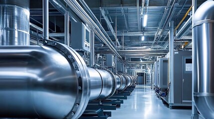 Fototapeta premium Silver metal pipes and equipment arranged in an industrial factory building, industrial style, realistic photography