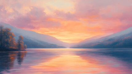 The soft pink and orange hues of a sunset cast their glow over a quiet lake, where the water reflects the colors of the sky, creating a peaceful and harmonious scene