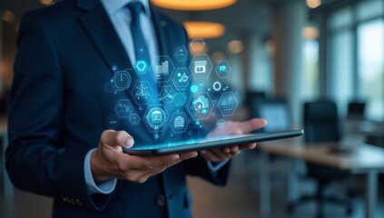 Businessman using tablet analyzing sales data and economic growth graph chart, Technology and icon customer global network connection. Business strategy. Innovative. Digital marketing