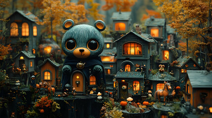 Adorable bear figurine overlooks a miniature autumnal village with glowing windows and tiny figures.  Cozy, magical scene