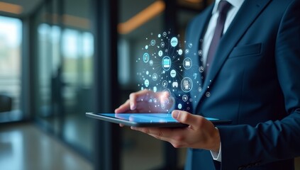 Businessman using tablet analyzing sales data and economic growth graph chart, Technology and icon customer global network connection. Business strategy. Innovative. Digital marketing